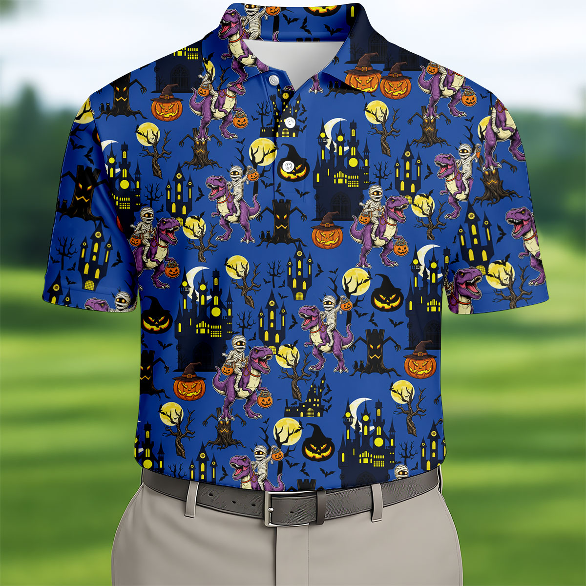 Dinosaur Mummy Pumpkin Halloween Polo Shirt, Mens Golf Shirts, Golf Polo Shirts For Men