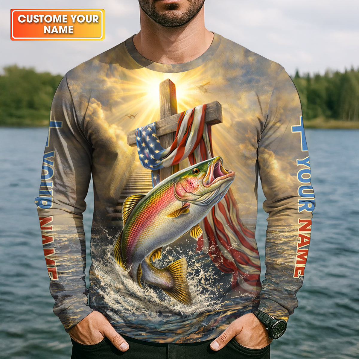 Faith Cross Patriotic Fishing Shirt, Fishing UPF Shirts, 250th Anniversary Fishing Shirts For Men