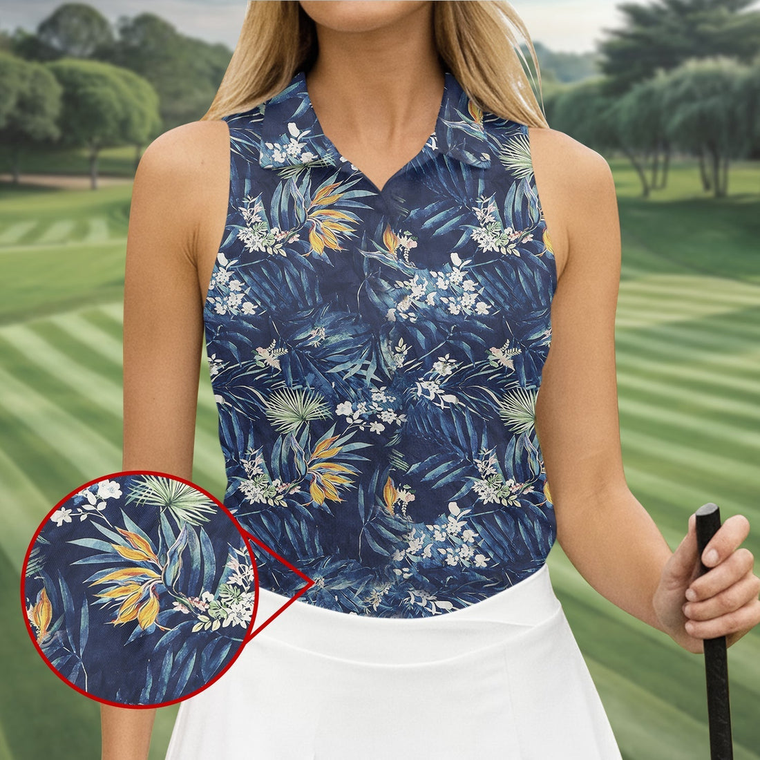 Navy Palm Tropical Hawaiian Vibe Women's Golf Shirts, Women's Golf Tops, Ladies Golf Shirts