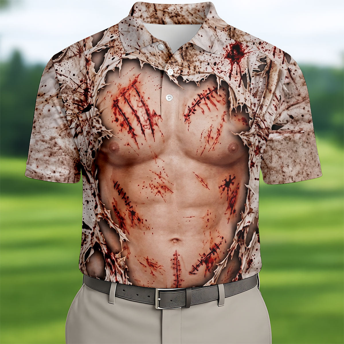 Bloody Stitched Torso Halloween Costume Polo Shirt, Mens Golf Shirts, Halloween Golf Shirt