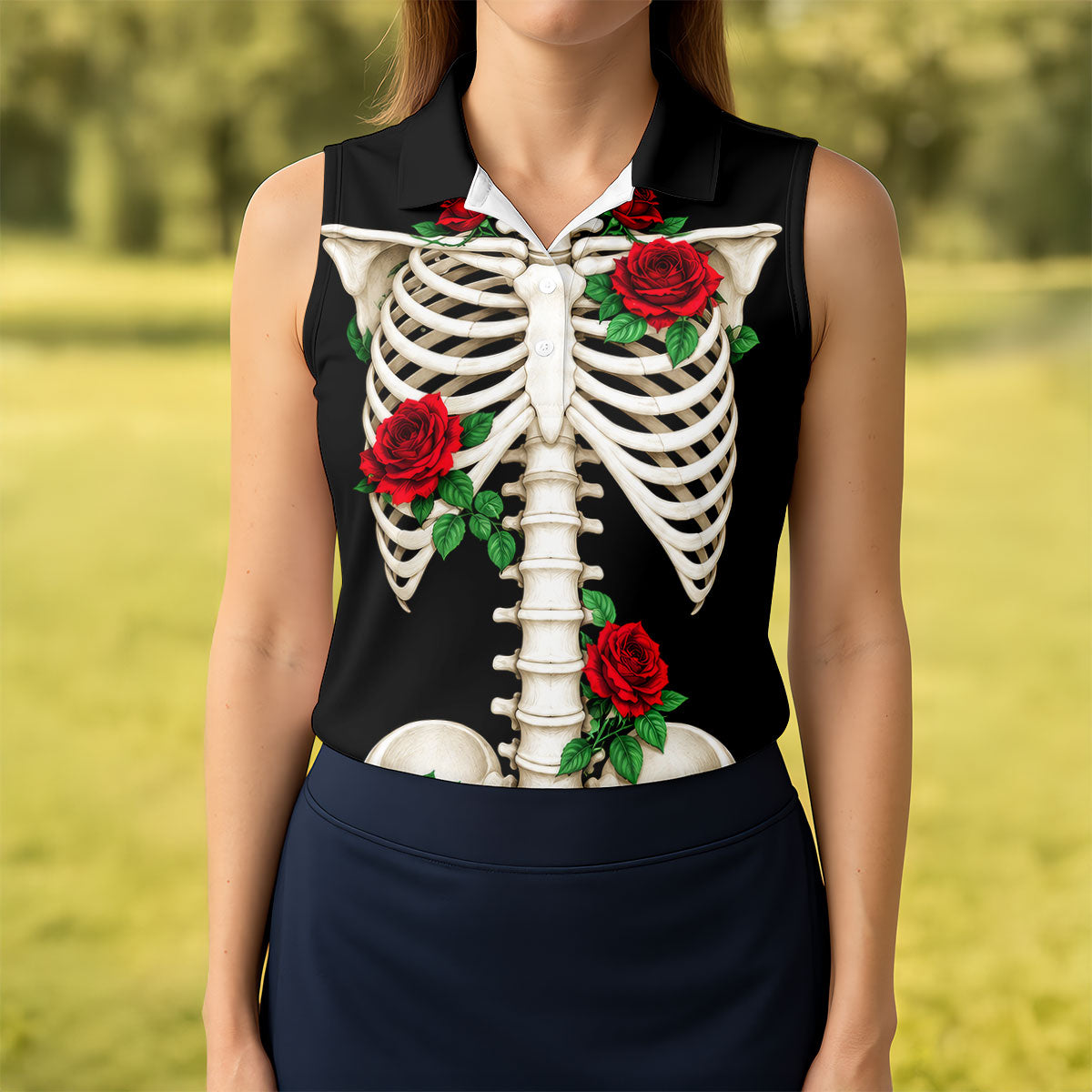 Skeleton Rib Cage And Red Roses Halloween Polo Shirt, Golf Tops For Women, Women’s Golf Polo