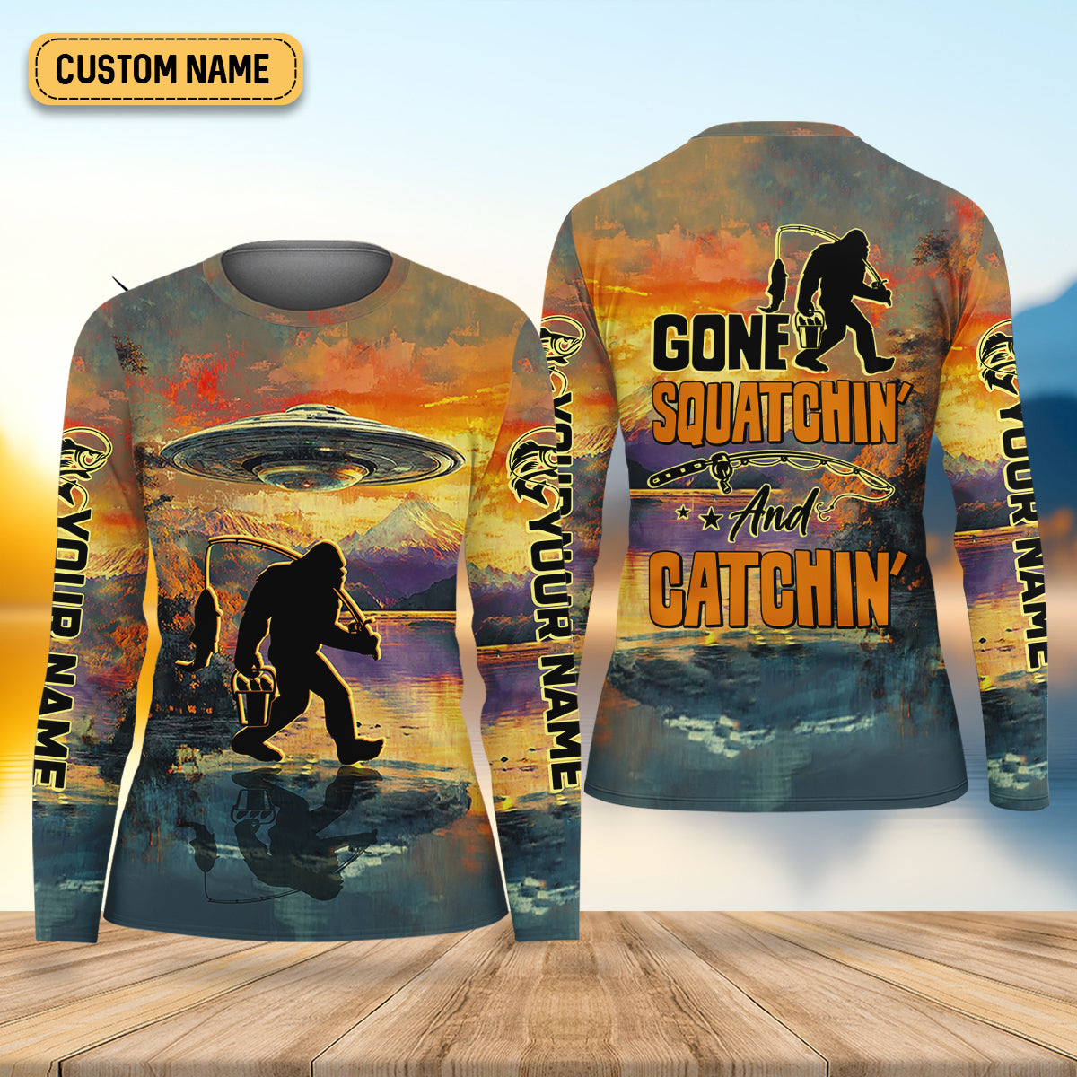 Gone Squatchin And Catchin UFO Bigfoot Fishing UPF Shirts, Fishing Shirt For Women, Female Fishing Shirts