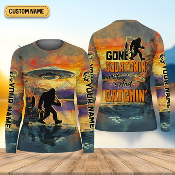 Gone Squatchin And Catchin UFO Bigfoot Fishing UPF Shirts, Fishing Shirt For Women, Female Fishing Shirts