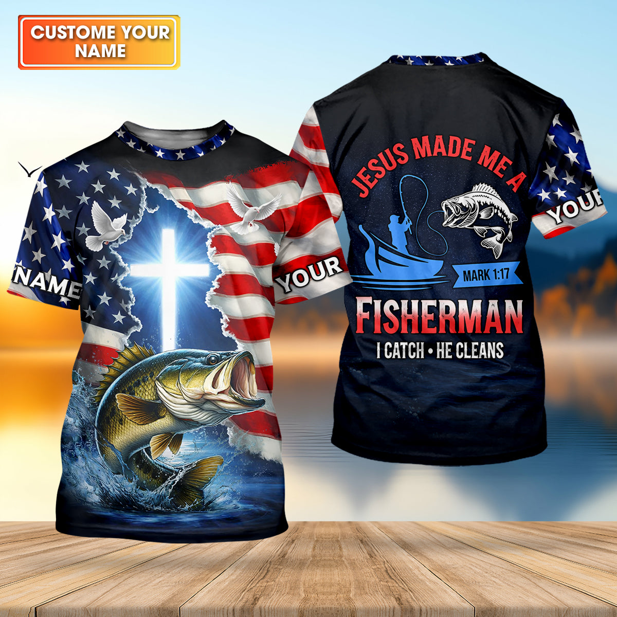 Jesus Made Me A Fisherman Shirt Christian, Patriotic Bass Fishing Tee For Men, Fishing UPF Shirts