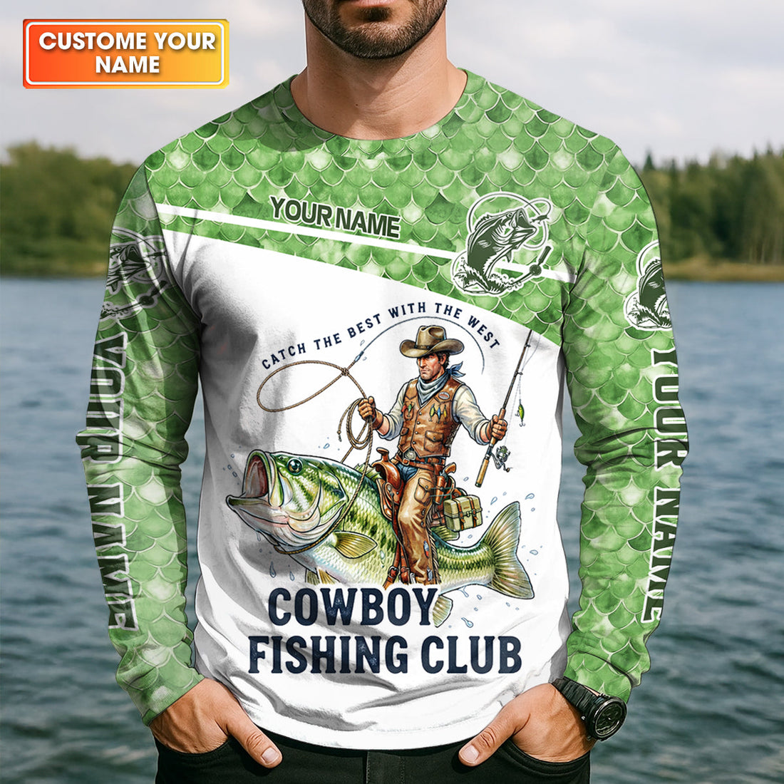 Cowboy Fishing Club Shirt, Personalized Bass Western Long Sleeve For Men, Fishing UPF Shirts