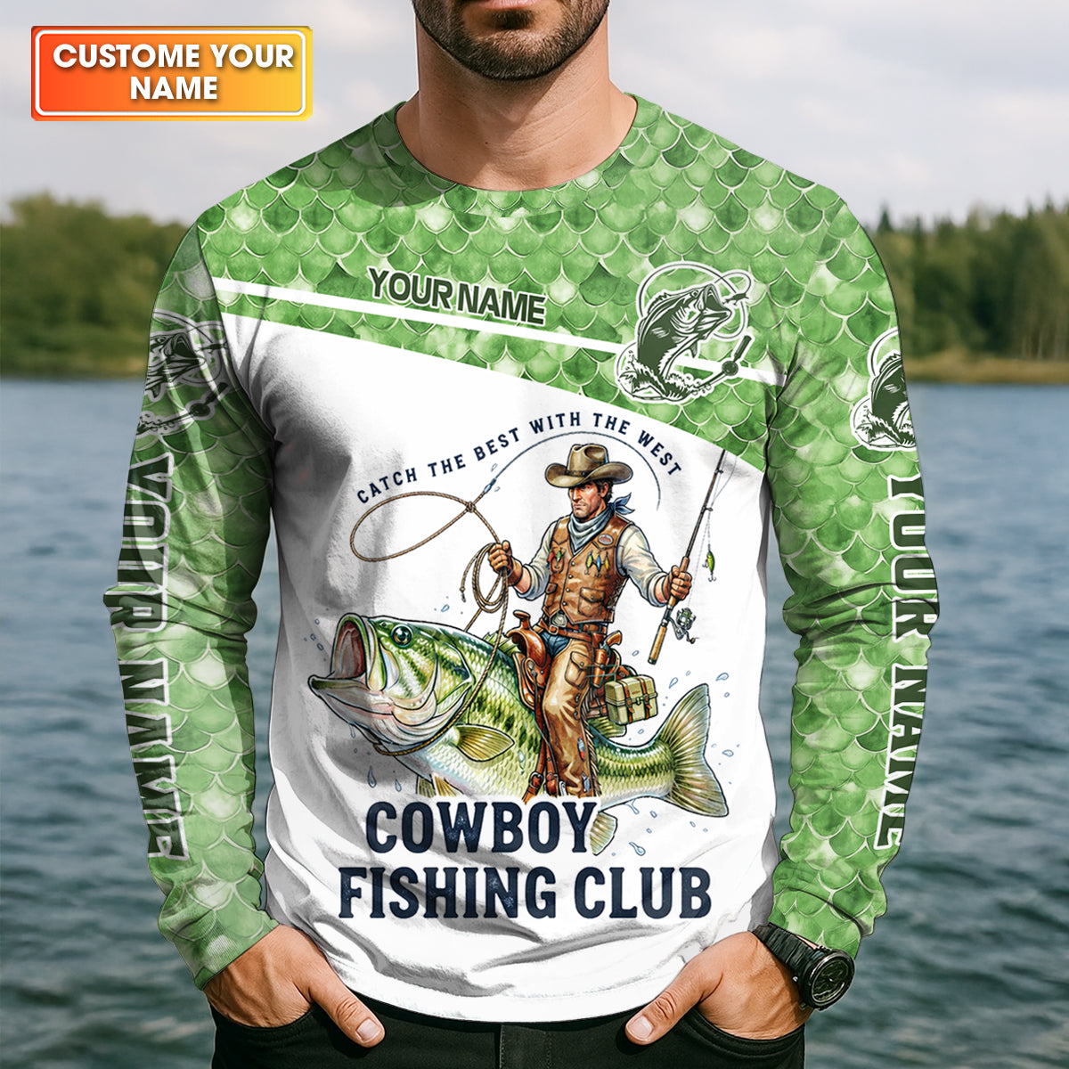 Cowboy Fishing Club Shirt, Personalized Bass Western Long Sleeve For Men, Fishing UPF Shirts