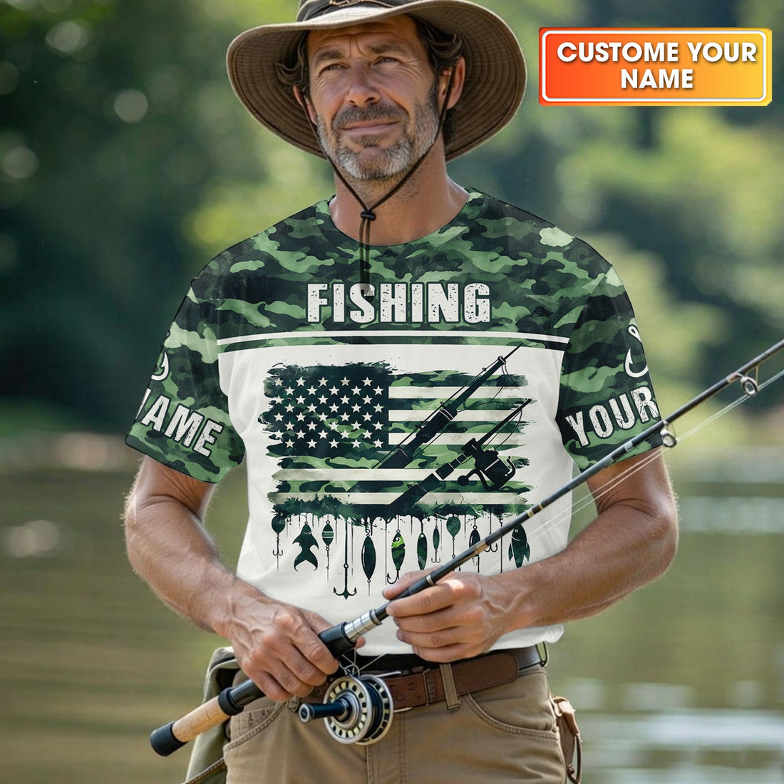 Fishing Green Camo US Flag Pattern Fishing UPF Shirts, 250 Years Fishing Shirts For Men