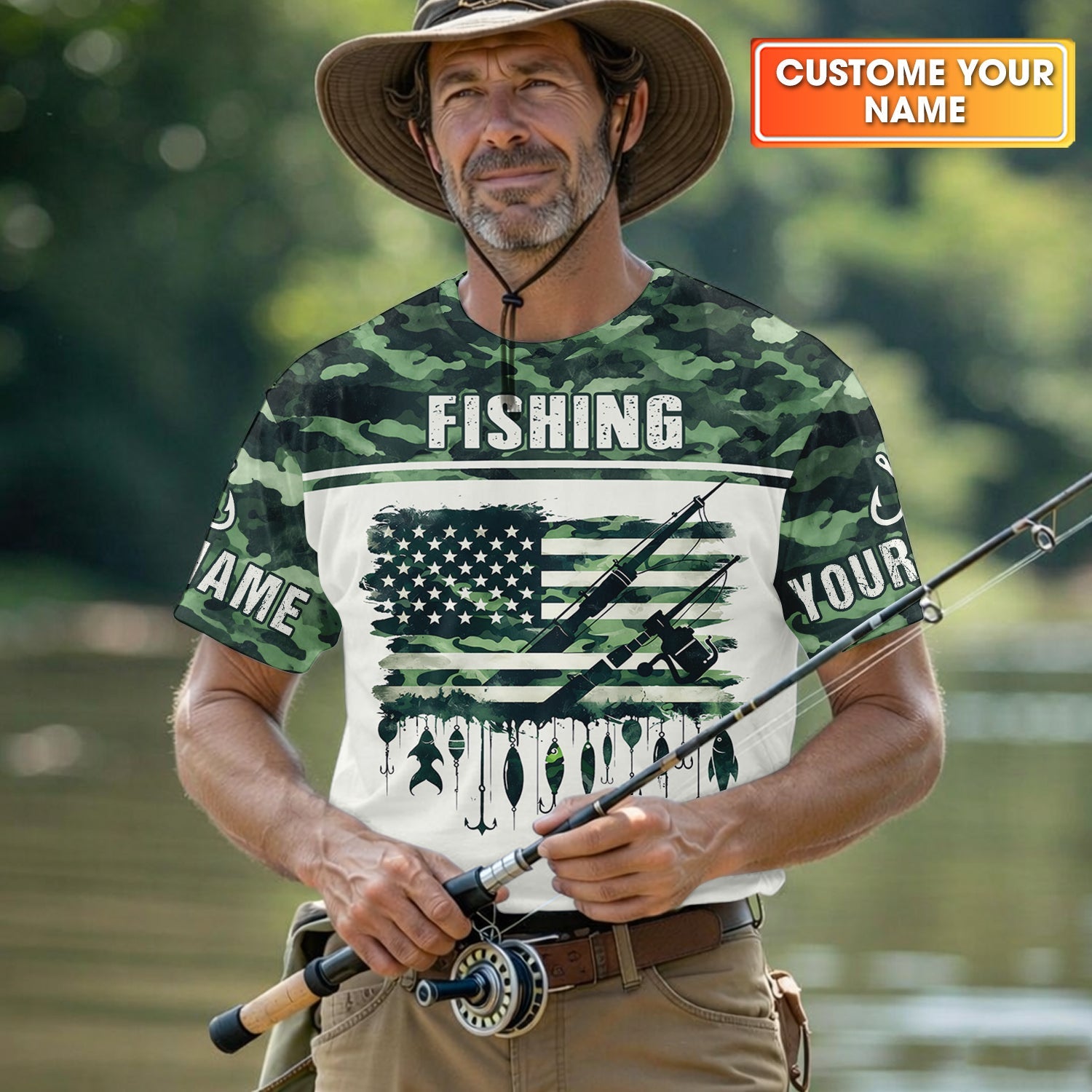 Fishing Green Camo US Flag Pattern Fishing UPF Shirts, 250 Years Fishing Shirts For Men