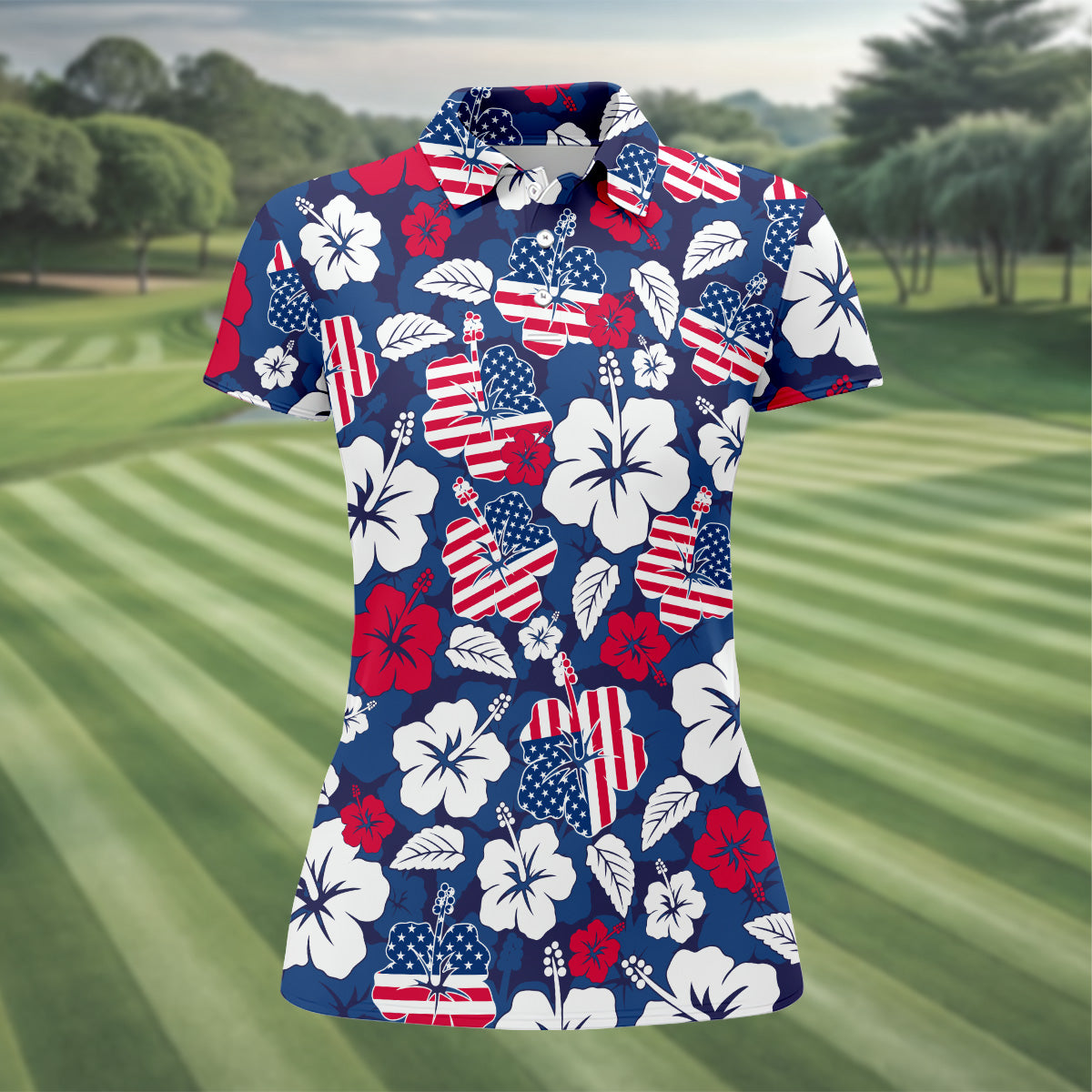 Tropical Hibiscus American Flag Womens Golf Polo Shirt4th Of July Shirts, US 250 Anniversary Ladies Golf Shirt