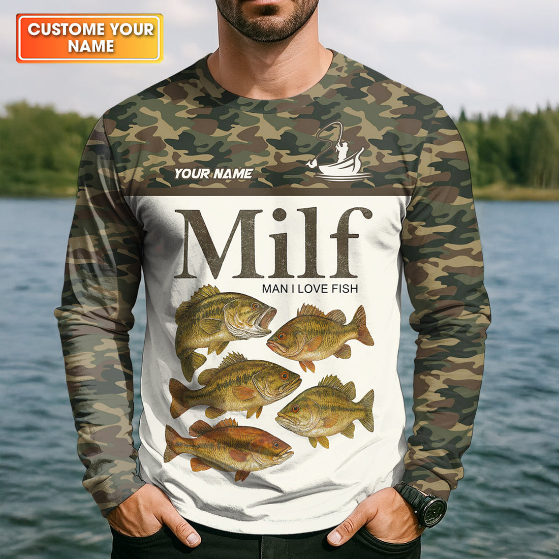 MILF Man I Love Fish Funny Fishing Shirt, Camo Fishing UPF Shirts, Fishing Shirts For Men