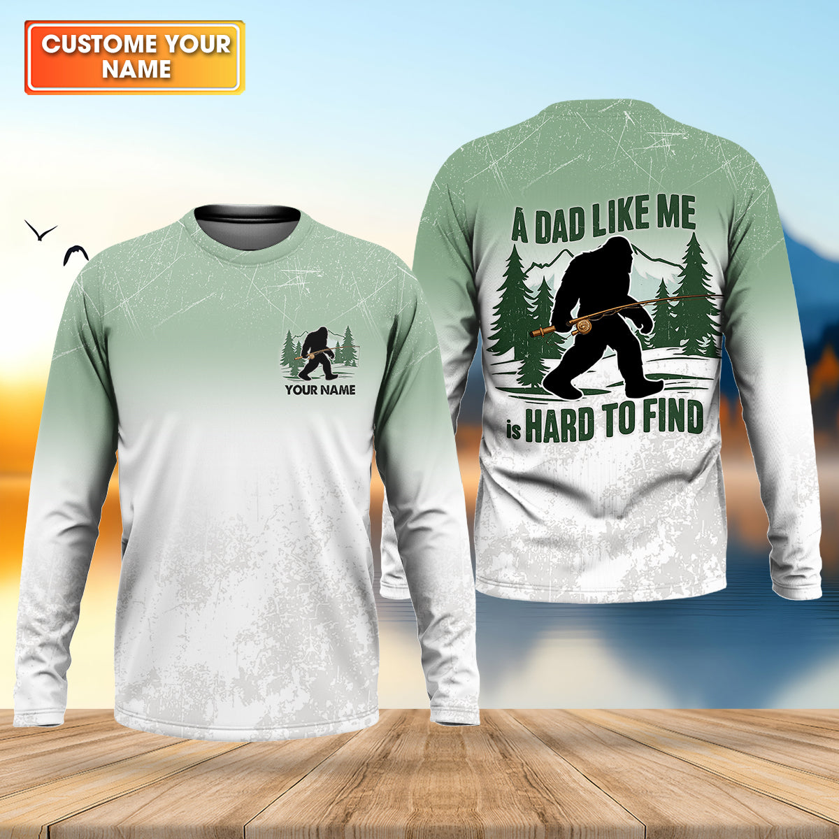 A Dad Like Me Is Hard To Find Bigfoot Fishing Shirt, Custom Name Bass Shirt, Fishing UPF Shirts, Funny Fishing Shirt
