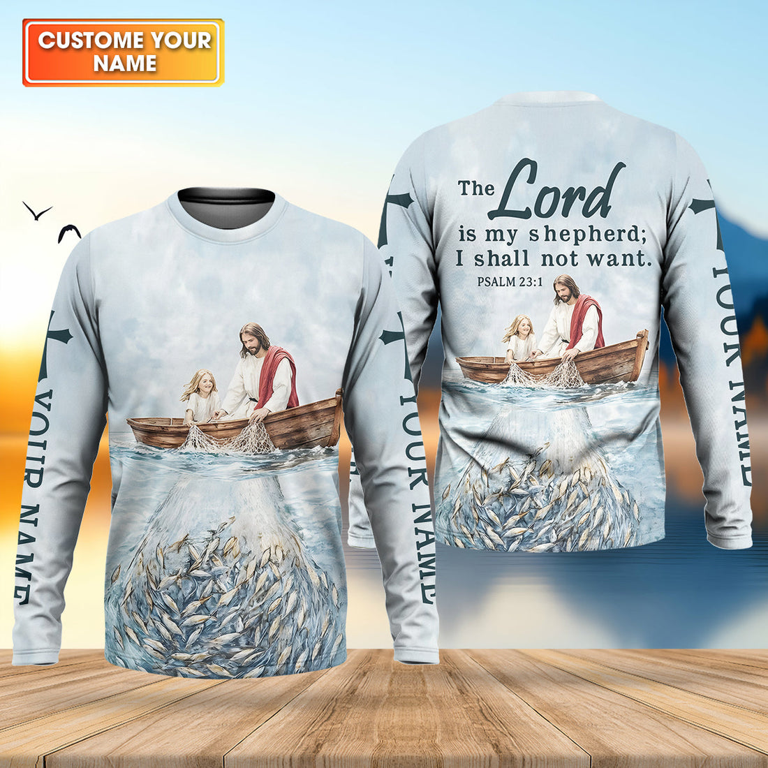 Jesus Catching Fish Bible Verse, Personalized Long Sleeve Shirt, Psalm 23 The Lord Is My Shepherd, Religious Gift for Men