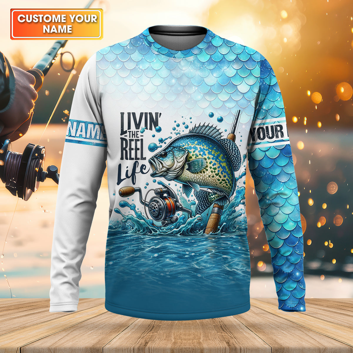 Living The Reel Life Fish Scale Pattern Funny Fishing Shirt, Fishing UPF Shirts, Fishing Shirts For Men