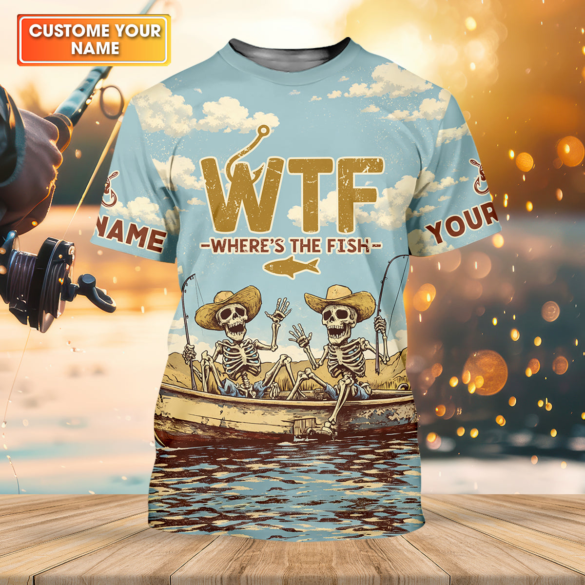Personalized WTF Where’s The Fish Fishing Shirt, Funny Skeleton Fishermen Boat, Custom Name