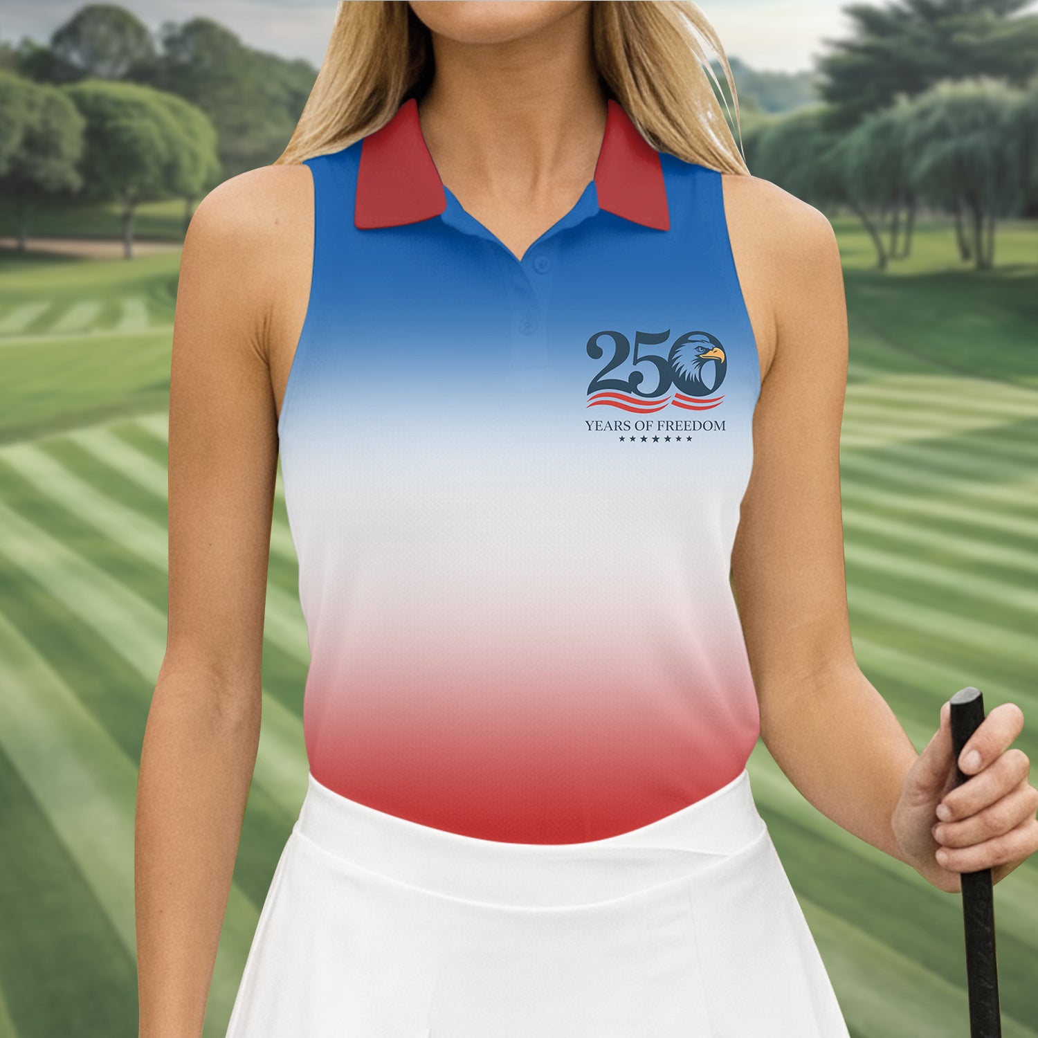 250 Years Of Freedom Eagle America Flag Women's Golf Tops, 250th Anniversary Ladies Golf Shirts