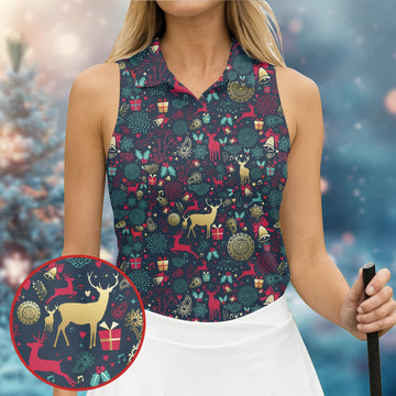 Vintage Reindeer Bell Dark Navy Christmas Golf Tops For Women, Gift Christmas Golf Shirt Polos, Ladies Golf Apparel