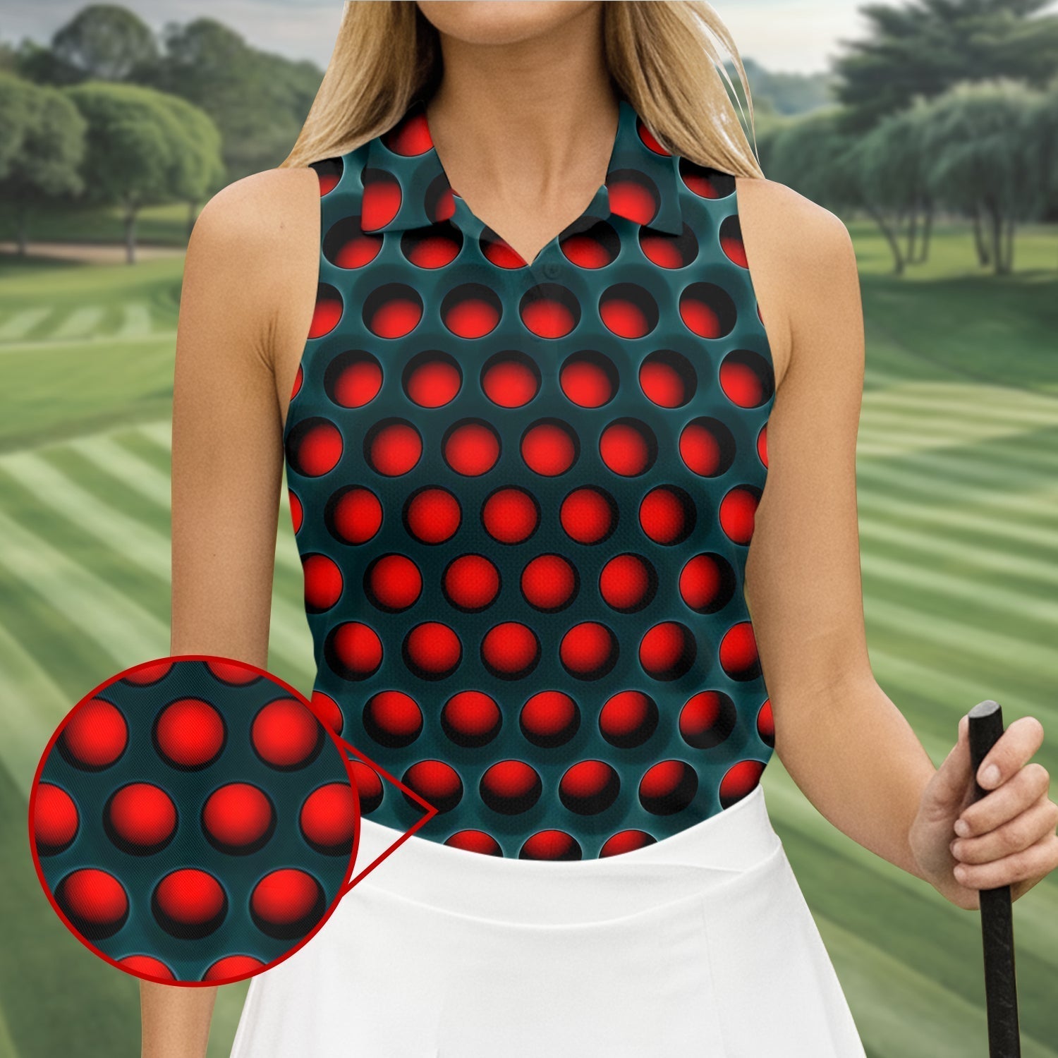 3D Effect Circular Pattern Red Golf Shirt, Cool Golf Outfit, Women Golf Top, Ladies Golf Shirts