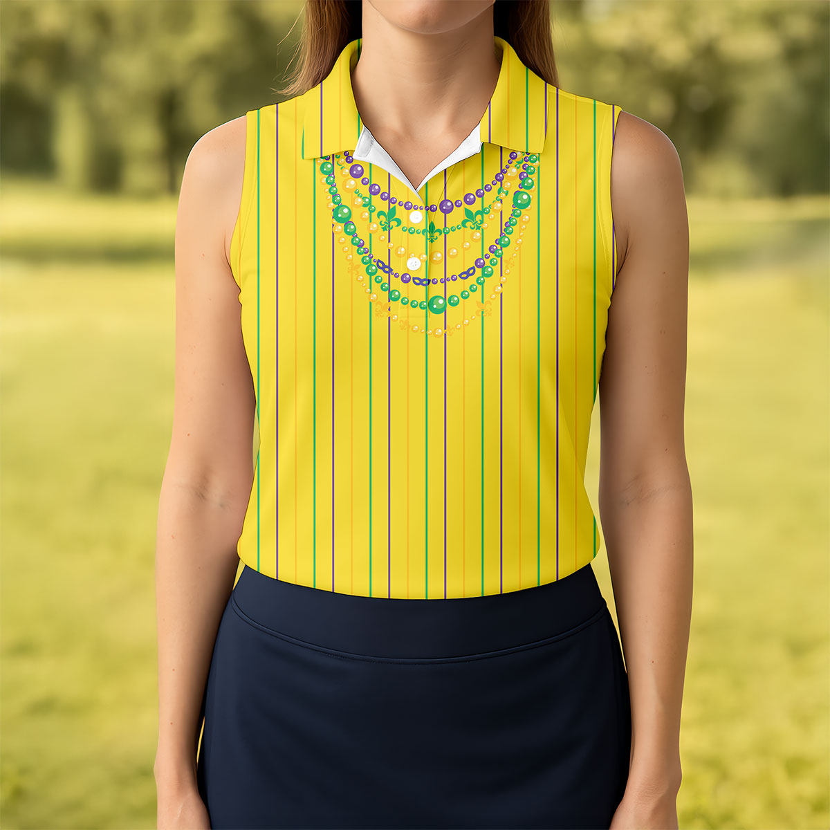 Mardi Gras Beads Necklaces Print Yellow Golf Shirt, Women's Golf Shirts, Ladies Golf Polos, Golf Shirt For Women