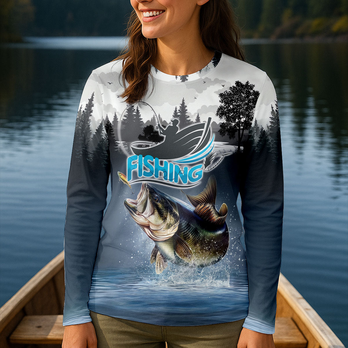 Bass Fisherman Silhouette Fishing UPF Shirts, Largemouth Bass Fishing Shirt For Women