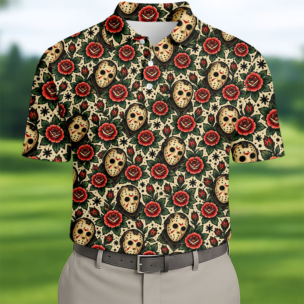 Rose Mask Halloween Horror Character Polo Shirt, Mens Golf Polo, Mens Golf Apparel