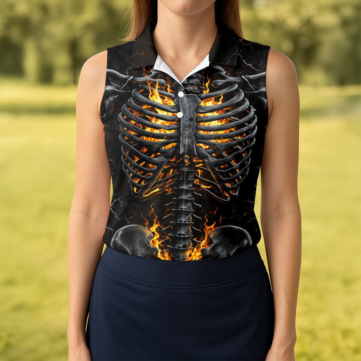 Burning Skeleton Rib Cage Halloween Polo Shirt, Womens Golf Tops, Ladies Golf Shirts