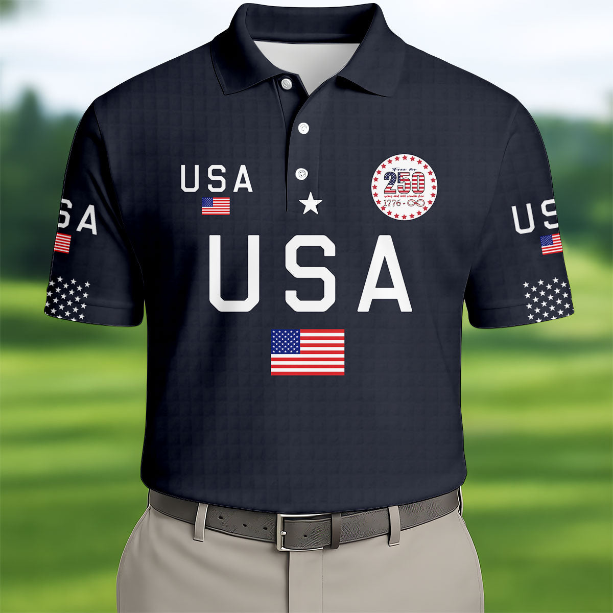 Free For 250 Years Black Patriotic Golf Shirt, 4th Of July Golf Shirt, 250th Anniversary Polo ShirtFor Men