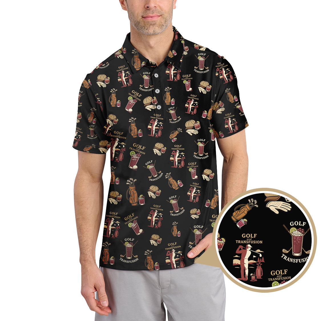 Transfusion Golf Shirt, Golf Transfusion Drink Pattern Polos, Men's Golf Shirts