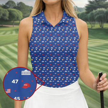 45 47 US Flag Pattern Blue Golf Shirt, Funny Golf Shirt, Women's Golf Tops, Ladies Golf Shirts
