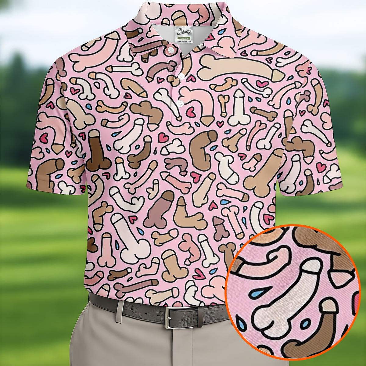 Funny Adult Doodle Pink Pattern Polo Shirt, Mens Golf Polo, Golf Shirts For Men