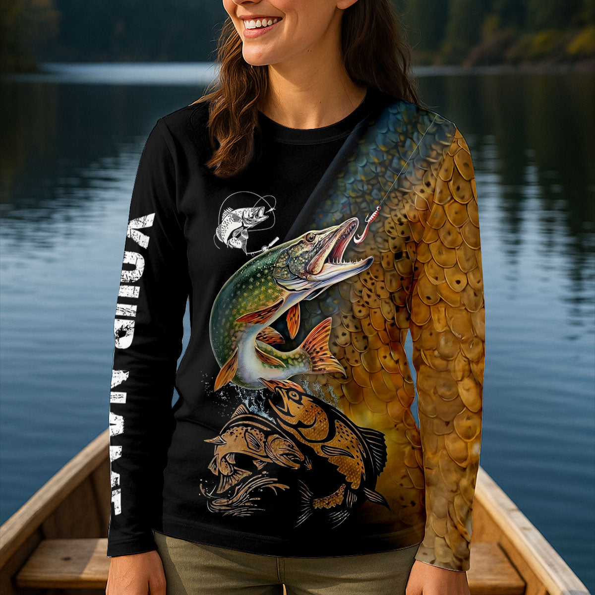 Northern Pike Fishing Gold Brown Scale Pattern Fishing UPF Shirts, Women Fishing Shirt