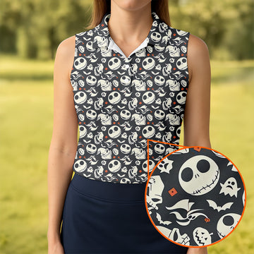 Nightmare Skull Women's Golf Tops, Horror Pattern Ladies Golf Polos, Halloween Golf Shirt