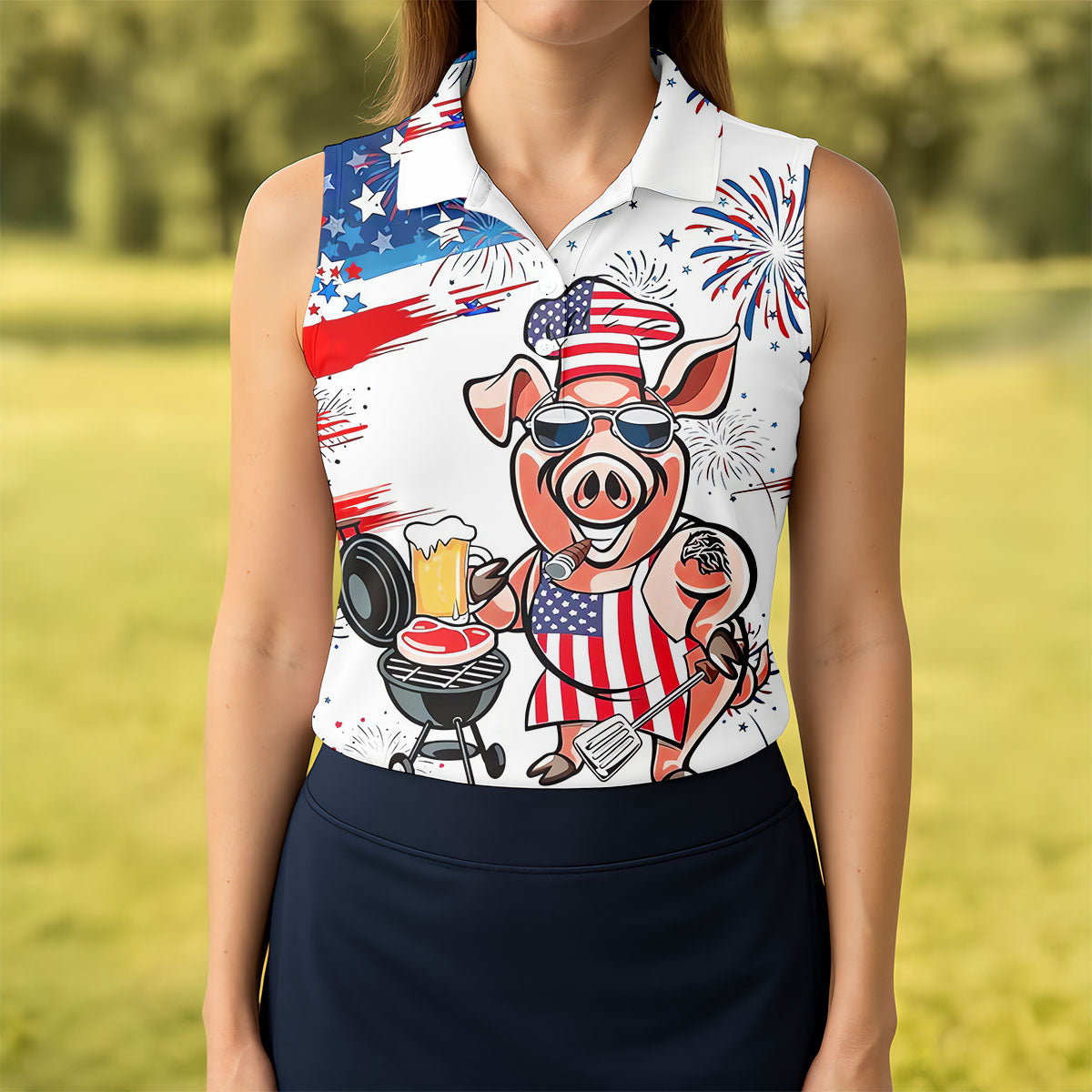 Patriotic American Flag Funny BBQ 250th Anniversary Women's Polo Shirt, Ladies Golf Shirts