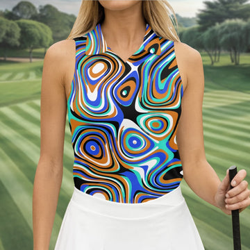 Blue And Orange Fluid Art Cool Golf Shirt, Women's Golf Tops, Ladies Golf Shirts, Women's Polo Shirt