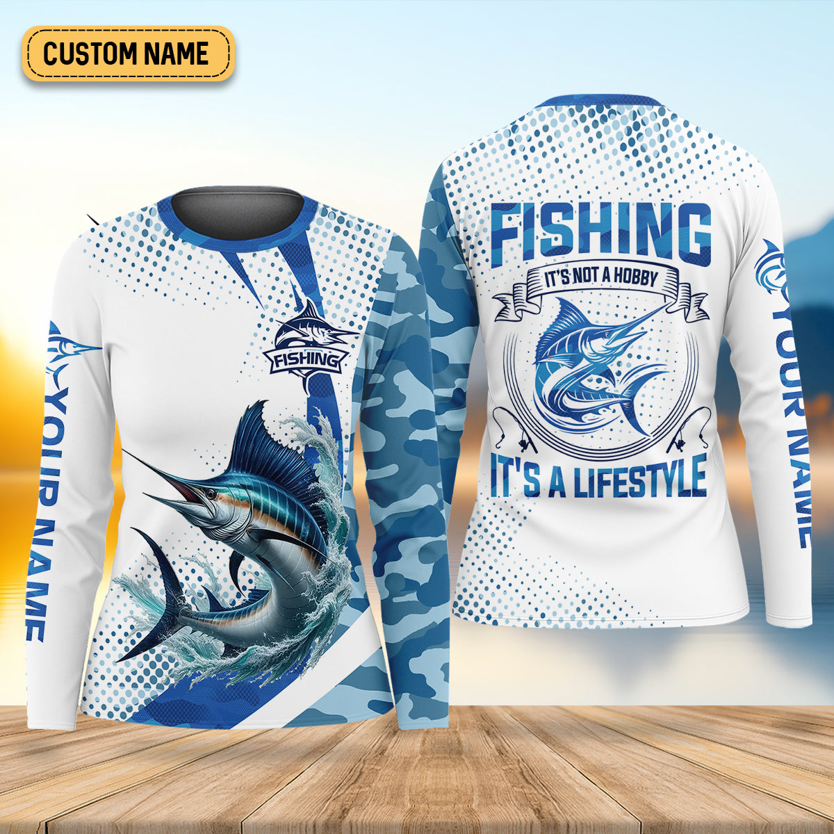Fishing It's Not A Hobby It's A Lifestyle Blue Camo Fishing UPF Shirts, Blue Marlin Fishing Shirt For Women