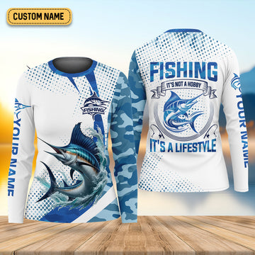 Fishing It's Not A Hobby It's A Lifestyle Blue Camo Fishing UPF Shirts, Blue Marlin Fishing Shirt For Women