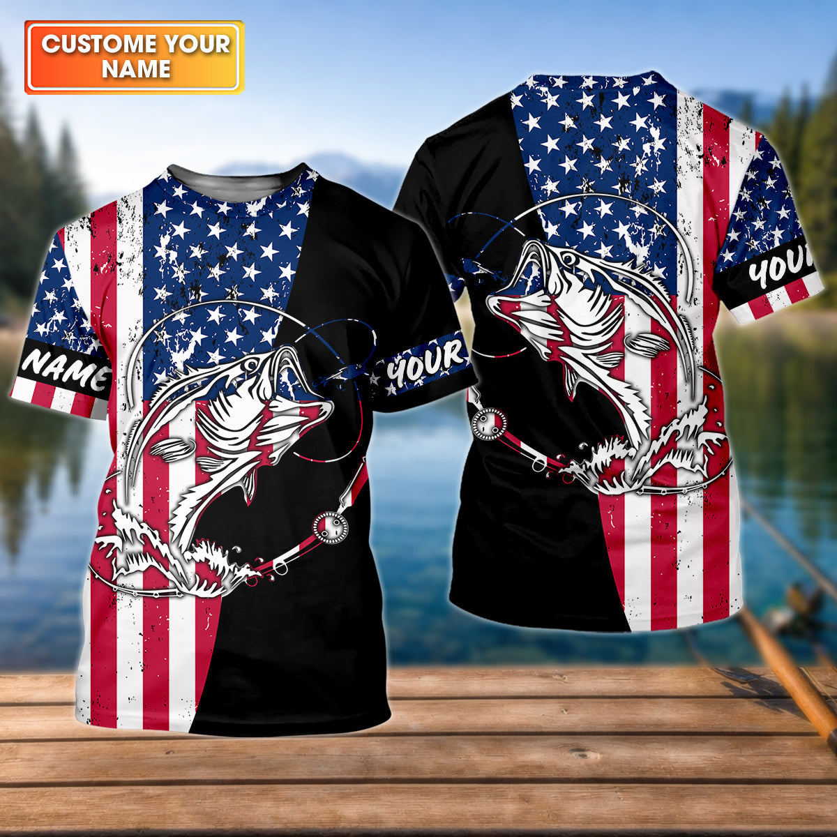 American Flag Fishing Shirt, Personalized Bass Fishing UPF Long Sleeve Shirt for Men