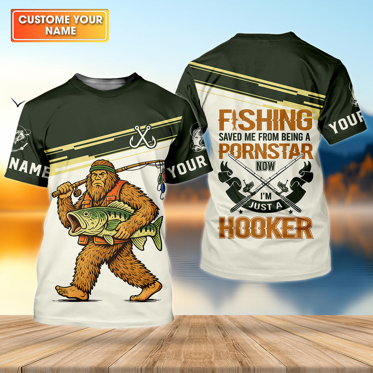 Funny Bigfoot Fishing UPF Shirt, Sasquatch Fishing Humor, Personalized Fishing Shirt for Men