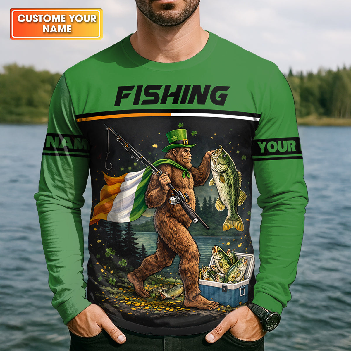 Fishing Makes Me Happy Shirt, Personalized Bigfoot St. Patrick’s Day Fishing Long Sleeve For Men