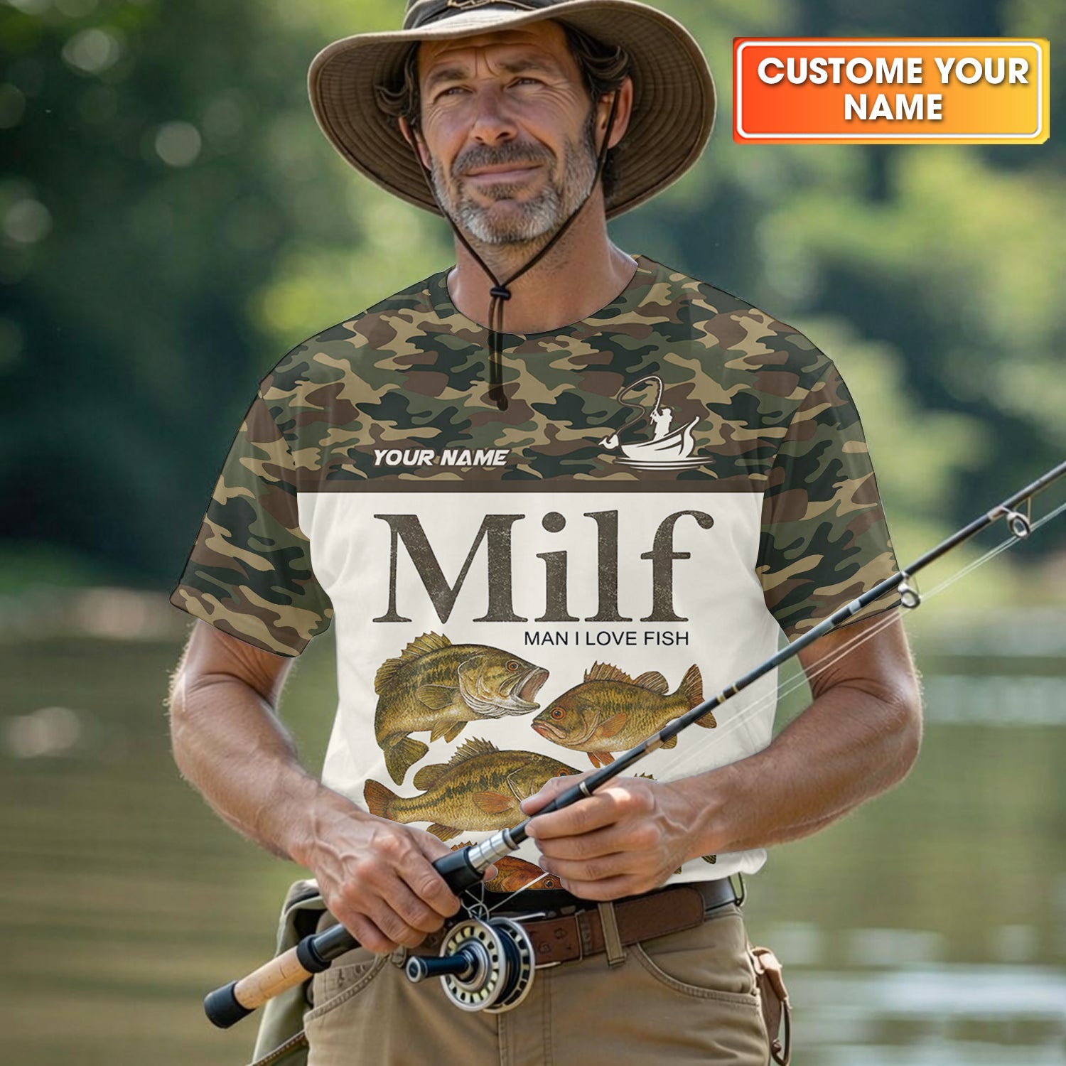 MILF Man I Love Fish Funny Fishing Shirt, Camo Fishing UPF Shirts, Fishing Shirts For Men