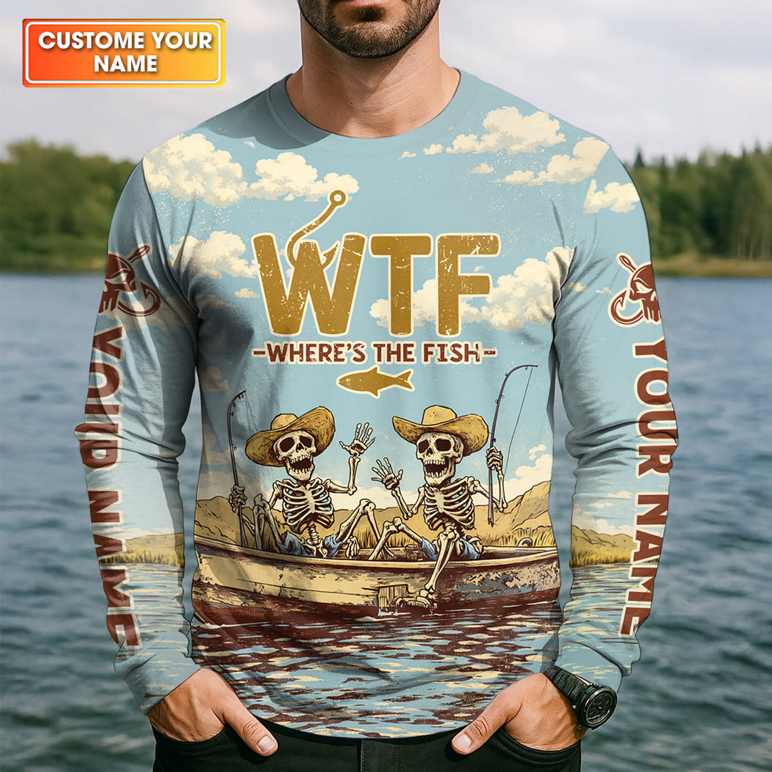Personalized WTF Where’s The Fish Fishing Shirt, Funny Skeleton Fishermen Boat, Custom Name