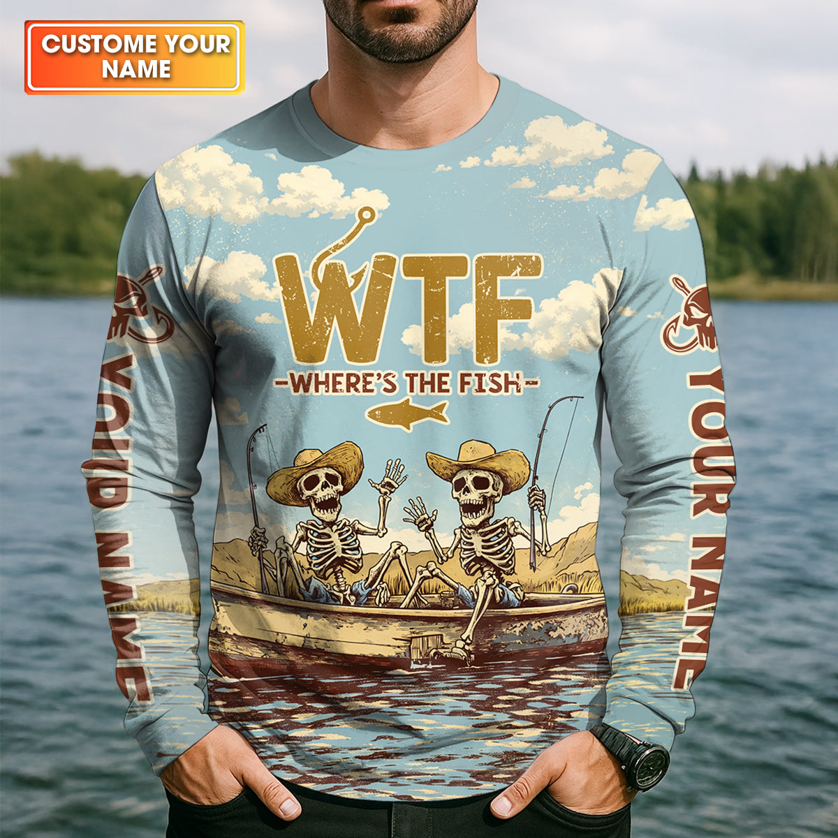 Personalized WTF Where’s The Fish Fishing Shirt, Funny Skeleton Fishermen Boat, Custom Name