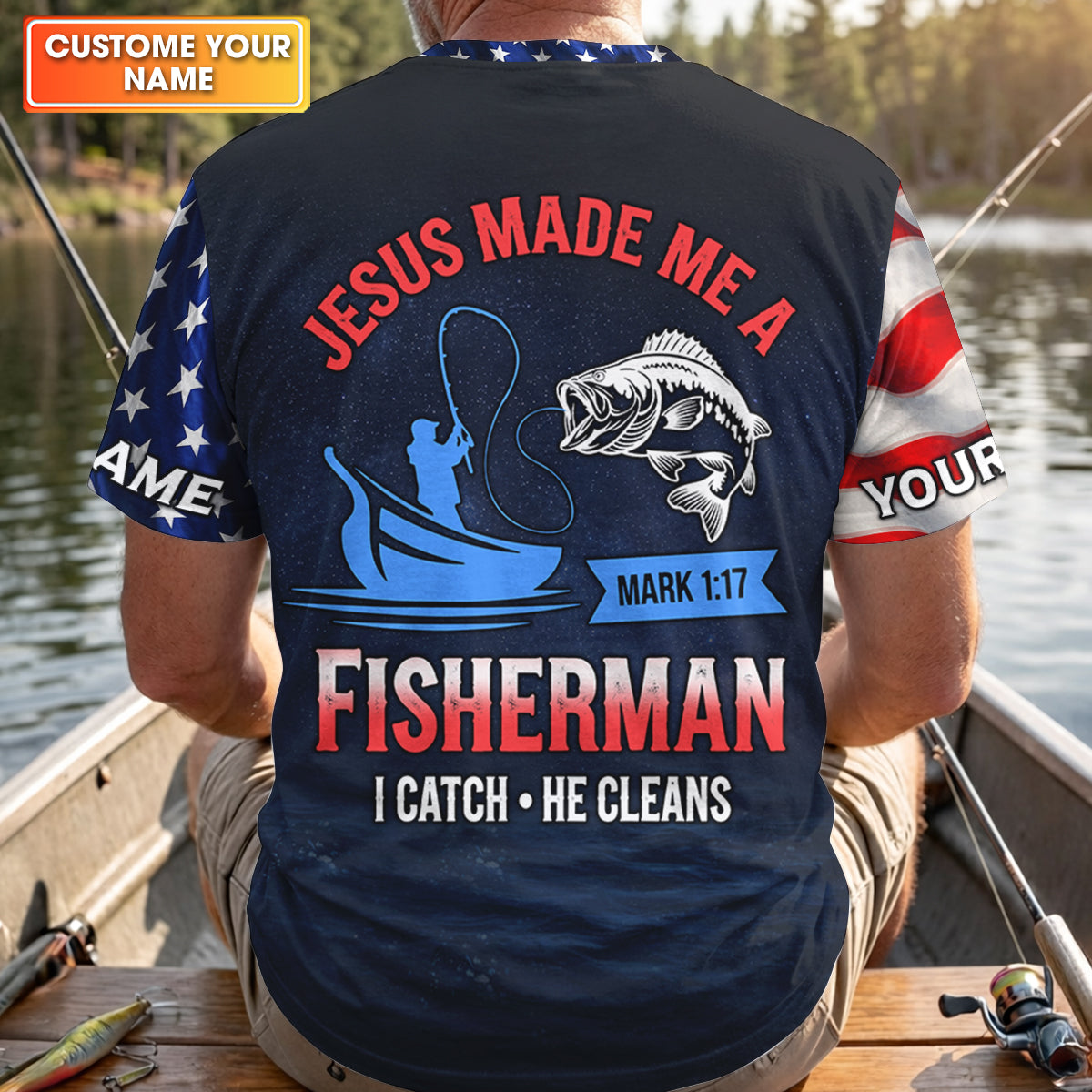 Jesus Made Me A Fisherman Shirt Christian, Patriotic Bass Fishing Tee For Men, Fishing UPF Shirts