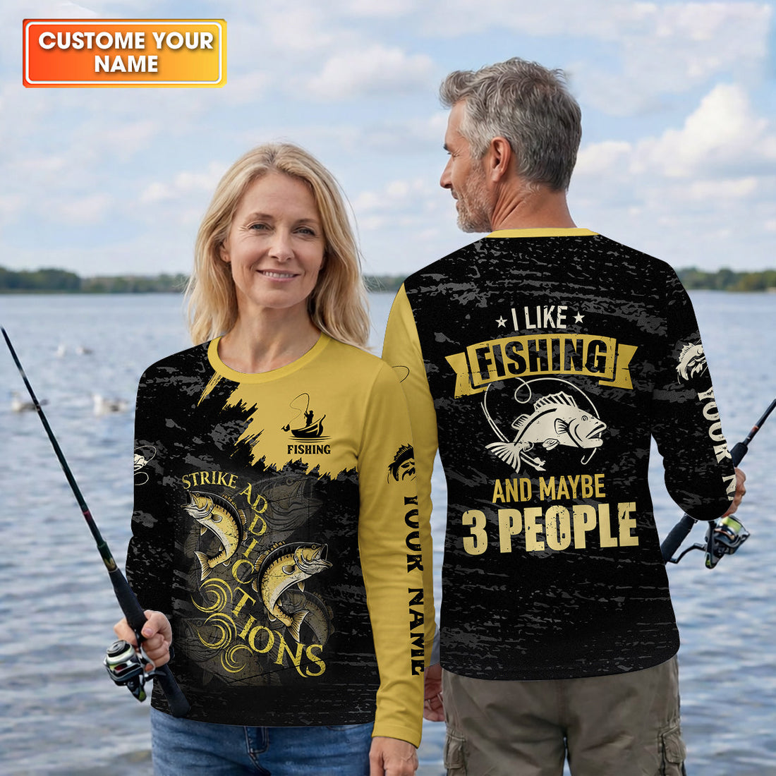 I Like Fishing And Maybe 3 People Shirt, Personalized Strike Addictions Bass Fishing Shirt For Men, Fishing UPF Shirts