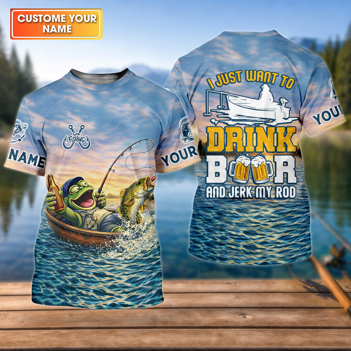 Drunk Frog Fishing with Beer, Funny Personalized Fishing Shirt