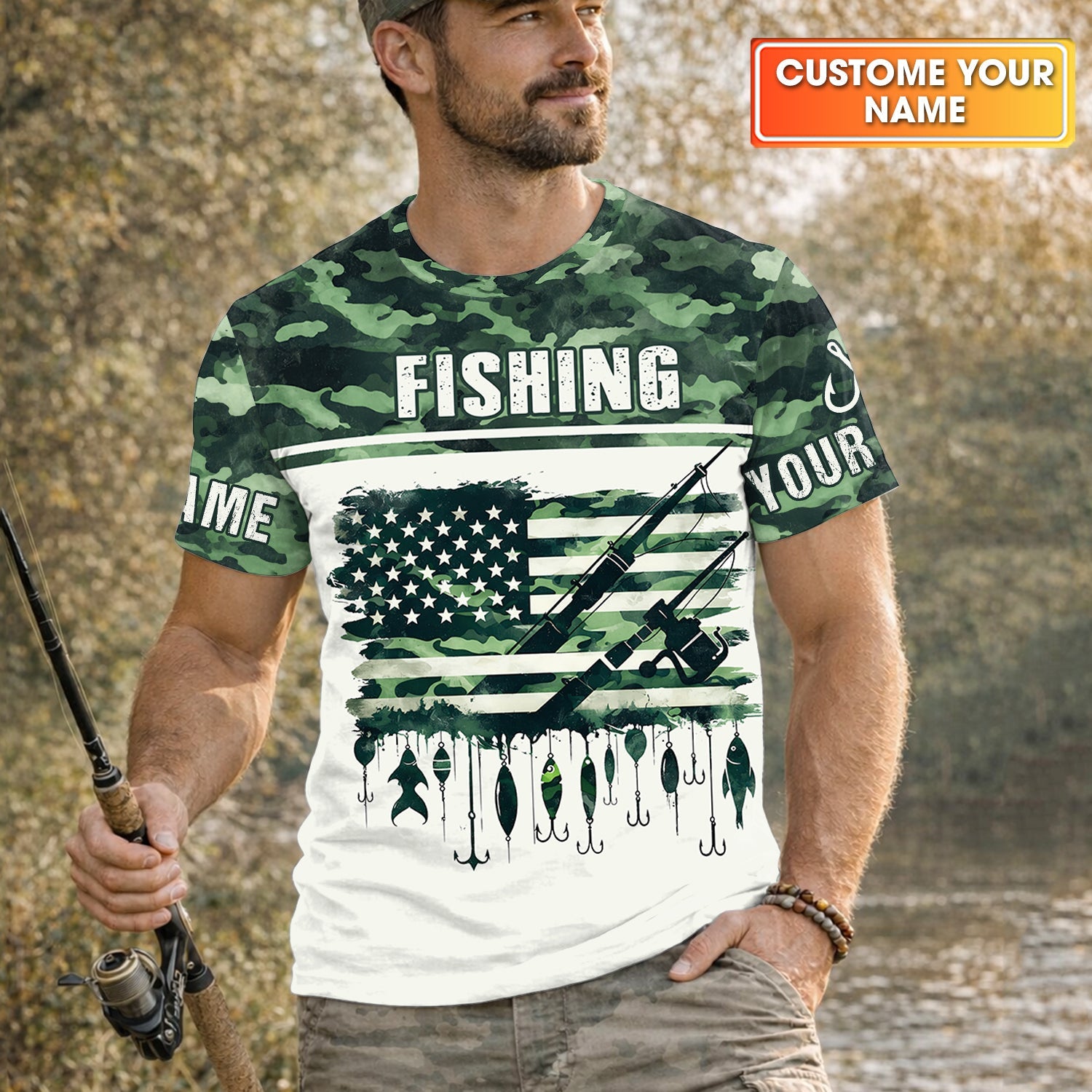 Fishing Green Camo US Flag Pattern Fishing UPF Shirts, 250 Years Fishing Shirts For Men