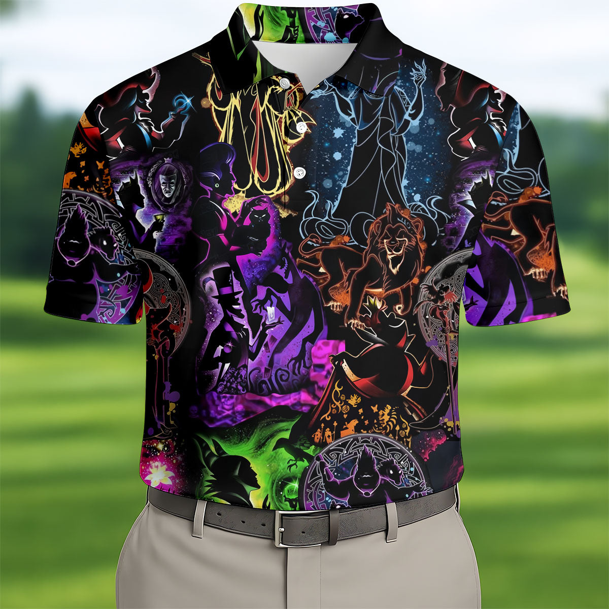 Neon Fantasy Villain Collage Halloween Polo Shirt, Men's Golf Shirt, Golf Apparel For Men