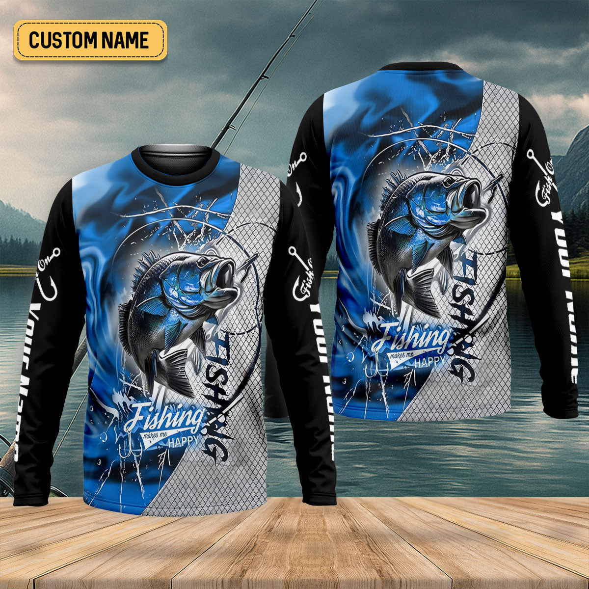 Fishing Makes Me Happy Largemouth Bass Fishing UPF Shirts, Funny Fishing Shirt, Fishing Shirts For Men