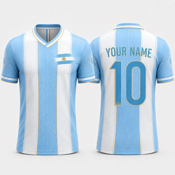 Argentinian Flag Sun Fooball Shirt, White Blue Stripes V-Neck For Men, Football Gifts
