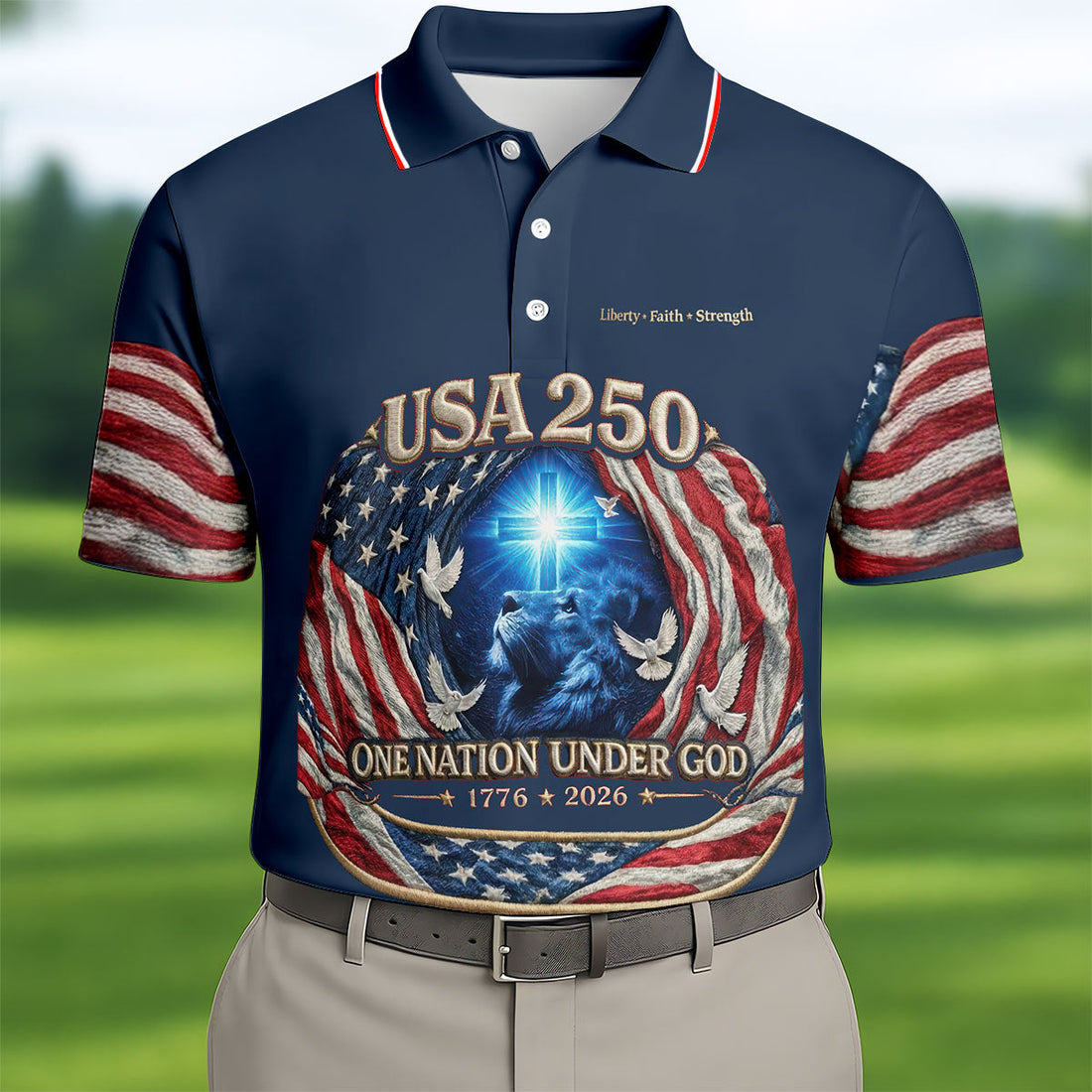 One Nation Under God Faith Cross USA 250 Navy Golf Shirt, 4th Of July Golf Shirts For Men