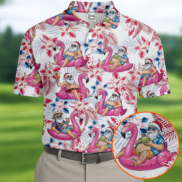 Funny Tropical Santa Flamingo Christmas Polo Shirt, Mens Golf Polo, Hawaiian Golf Shirt